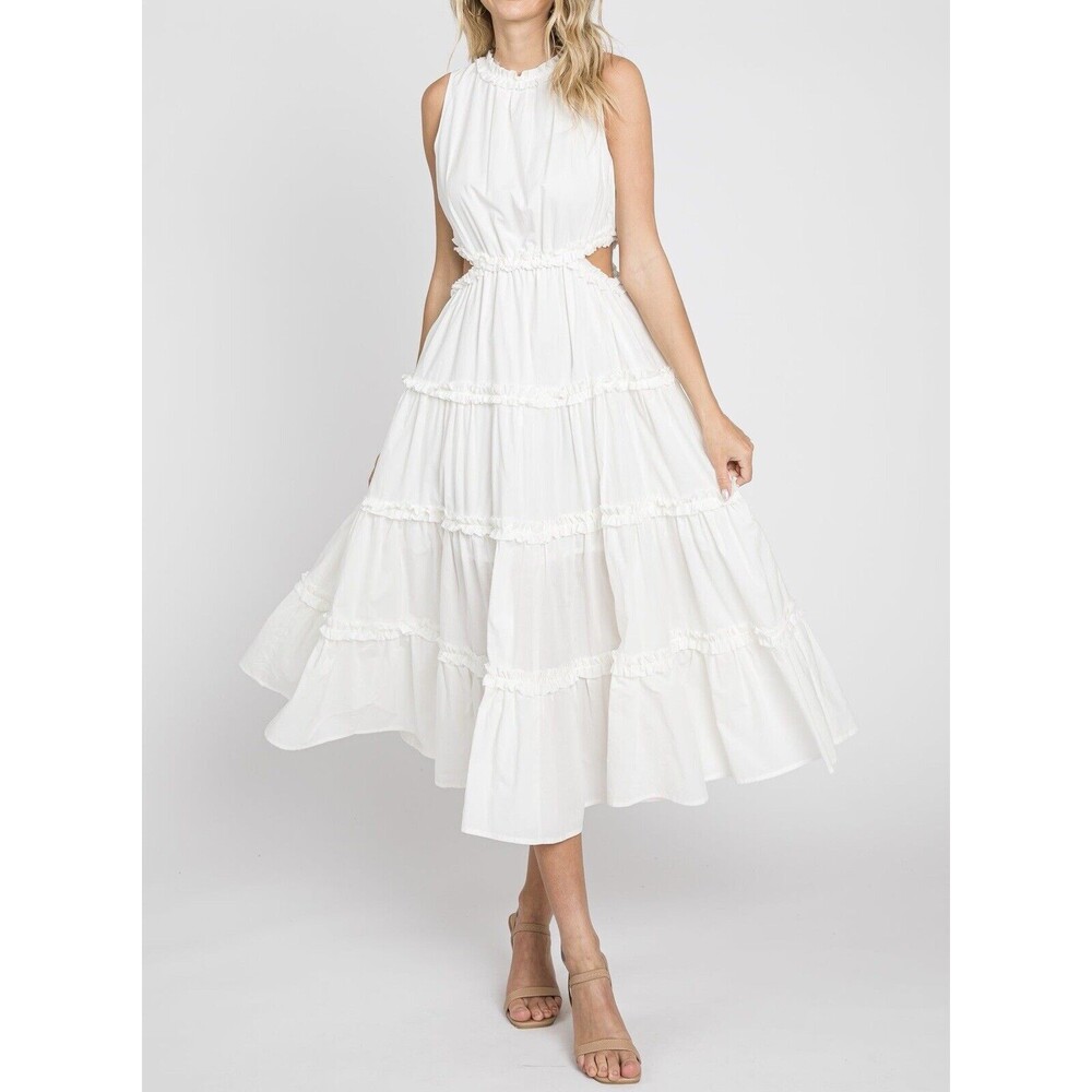 &Merci Women’s White Ruffle Tiered Cut-Out Midi Cottage Beach Dress Size Medium